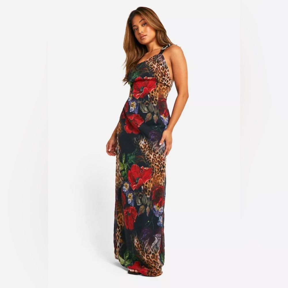 PETITE BELT DETAIL LEOPARD CHIFFON MAXI DRESS